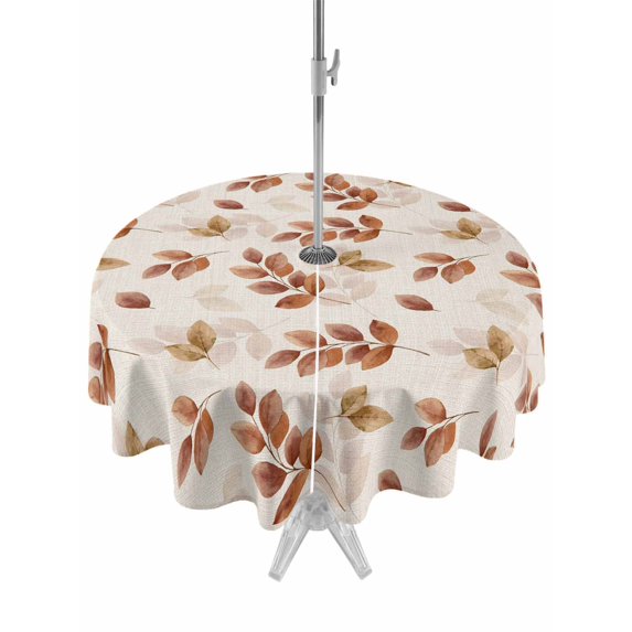 Outdoor Table Cloth with Umbrella Hole and Zipper, Brown Botanical Fall Waterproof Round Tablecloth 54 Inch, Pastoral Maple Leaf Autumn Rustic Washable Table Cover for Outside Party Patio Picnic