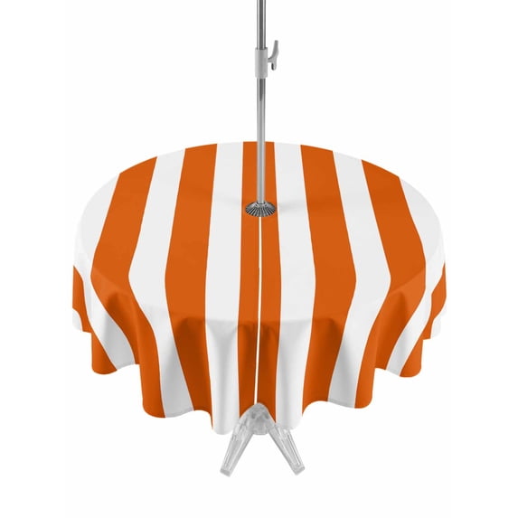 Outdoor Table Cloth with Umbrella Hole and Zipper, Burnt Orange Striped Waterproof Round Tablecloth 54 Inch, Thanksgiving Orange White Stripes Washable Table Cover for Outside Party Patio Picnic