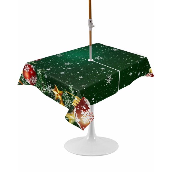 Outdoor Table Cloth with Umbrella Hole and Zipper,Christmas Green Waterproof Rectangle Tablecloth 60"x102",Winter Gold Star Red Xmas Balls Snowflake Table Cover for Outside Party Patio Picnic