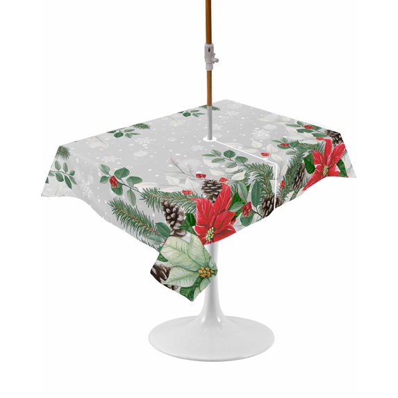 Outdoor Table Cloth with Umbrella Hole and Zipper, Christmas Poinsettia Waterproof Rectangle Tablecloth 60"x102", Xmas Eucalyptus Botanical Grey Washable Table Cover for Outside Party Patio Picnic
