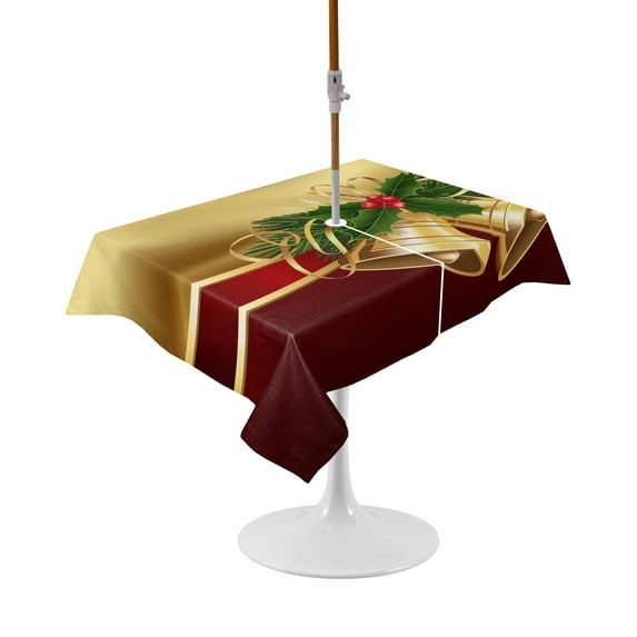 Outdoor Table Cloth with Umbrella Hole and Zipper, Christmas Waterproof Rectangle Tablecloth 54"x80", Xmas Bells Berry Botanical Golden Red Washable Table Cover for Outside Party Patio Picnic