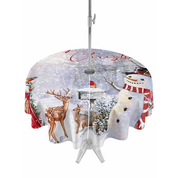 Outdoor Table Cloth with Umbrella Hole and Zipper, Christmas Waterproof Round Tablecloth 54 Inch, Snowman Xmas Tree Snowflake White Washable Table Cover for Outside Party Patio Picnic