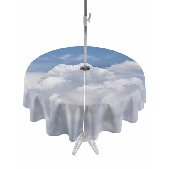 Outdoor Table Cloth with Umbrella Hole and Zipper, Clouds Waterproof Round Tablecloth 54 Inch, Blue White Sky Natural Landscape Washable Table Cover for Outside Party Patio Picnic