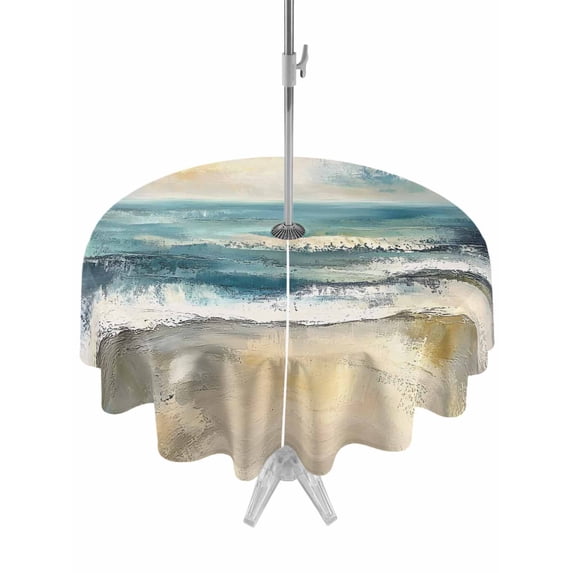 Outdoor Table Cloth with Umbrella Hole and Zipper, Coastal Beach Waterproof Round Tablecloth 54 Inch, Abstract Oil Painting Ocean Wave Washable Table Cover for Outside Party Patio Picnic