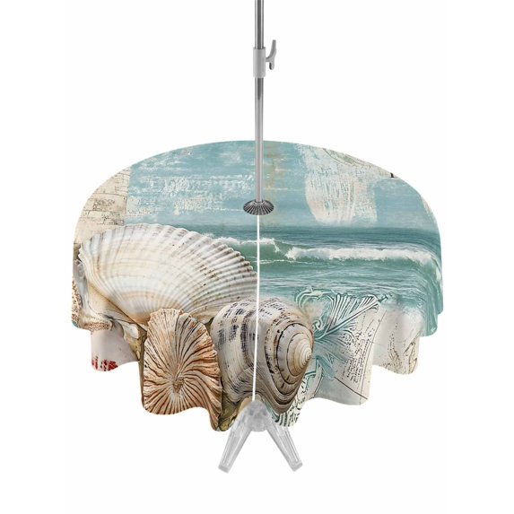 Outdoor Table Cloth with Umbrella Hole and Zipper, Coastal Nautical Waterproof Round Tablecloth 60 Inch, Summer Beach Wave Starfish Shell Washable Table Cover for Outside Party Patio Picnic