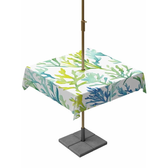 Outdoor Table Cloth with Umbrella Hole and Zipper, Coastal Ocean Coral Waterproof Square Tablecloth 54"x54", Green Blue Turquoise Aqua Summer Washable Table Cover for Outside Party Patio Picnic