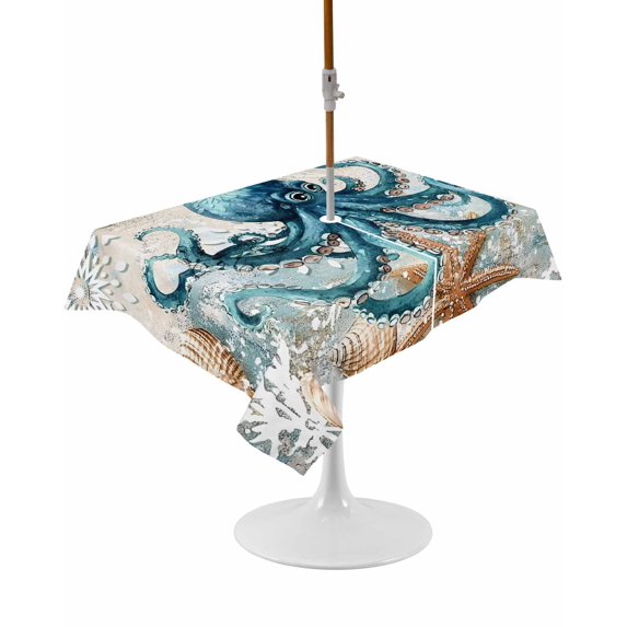 Outdoor Table Cloth with Umbrella Hole and Zipper, Coastal Octopus Waterproof Rectangle Tablecloth 54"x80", Nautical Botanical Starfish Washable Table Cover for Outside Party Patio Picnic