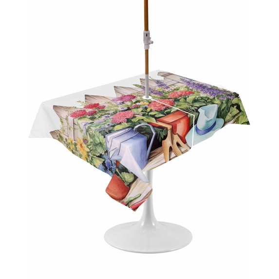 Outdoor Table Cloth with Umbrella Hole and Zipper, Colorful Spring Floral Waterproof Rectangle Tablecloth 54"x80", Summer Flowers Botanical Washable Table Cover for Outside Party Patio Picnic