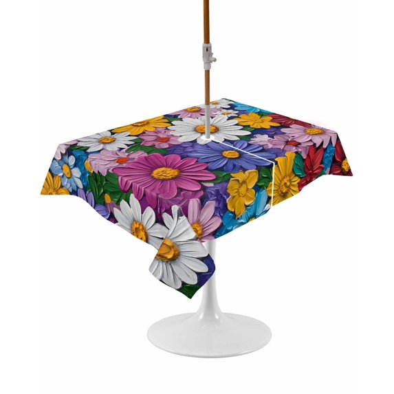 Outdoor Table Cloth with Umbrella Hole and Zipper, Colorful Spring Floral Waterproof Rectangle Tablecloth 60"x102", Modern Oil Painting Flowers Washable Table Cover for Outside Party Patio Picnic