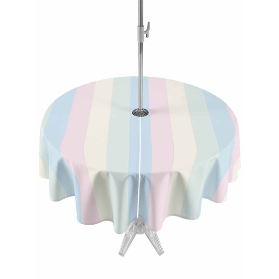 Outdoor Table Cloth with Umbrella Hole and Zipper, Colorful Striped Waterproof Round Tablecloth 54 Inch, Rainbow Color Stripes Washable Table Cover for Outside Party Patio Picnic