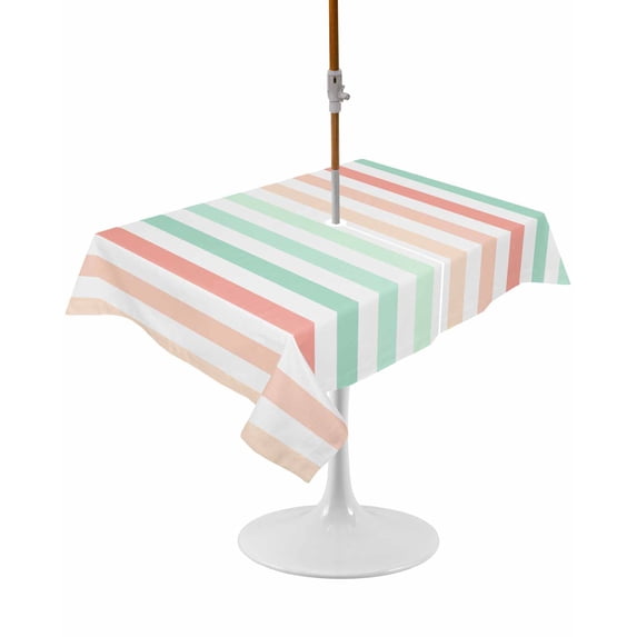 Outdoor Table Cloth with Umbrella Hole and Zipper, Coral Cyan Stripe Waterproof Rectangle Tablecloth 54"x80", Geometric Grey White Vertical Striped Washable Table Cover for Outside Party Patio Picnic