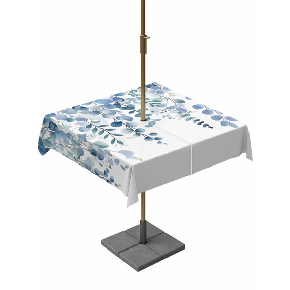 Outdoor Table Cloth with Umbrella Hole and Zipper, Eucalyptus Blue Waterproof Square Tablecloth 54"x54", Farmhouse Leaves Summer Spring Washable Table Cover for Outside Party Patio Picnic