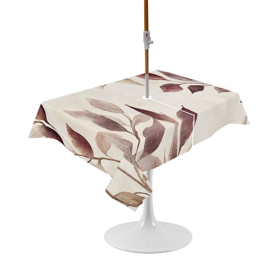 Outdoor Table Cloth with Umbrella Hole and Zipper, Eucalyptus Leaves Waterproof Rectangle Tablecloth 60"x102", Brown Spring Botanical Aesthetic Washable Table Cover for Outside Party Patio Picnic