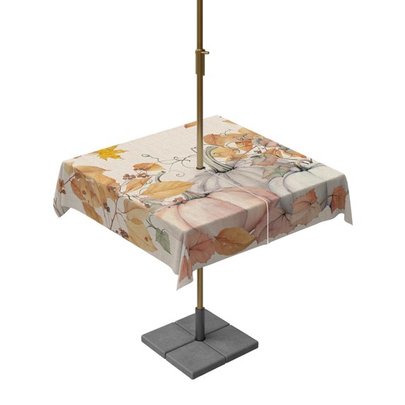 Outdoor Table Cloth with Umbrella Hole and Zipper, Fall Orange Pumpkins Waterproof Square Tablecloth 54"x54", Thanksgiving Maple Leaf Rustic Washable Table Cover for Outside Party Patio Picnic