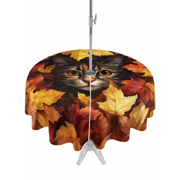 Outdoor Table Cloth with Umbrella Hole and Zipper, Fall Waterproof Round Tablecloth 54 Inch, Thanksgiving Rustic Cat Orange Red Maple Leaf Washable Table Cover for Outside Party Patio Picnic