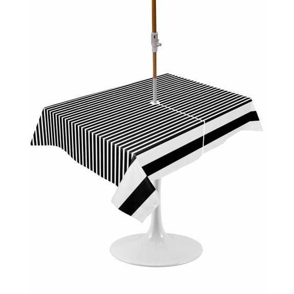 Outdoor Table Cloth with Umbrella Hole and Zipper, Farmhouse Black White Striped Waterproof Rectangle Tablecloth 60"x84", Modern Stripes Washable Table Cover for Outside Party Patio Picnic