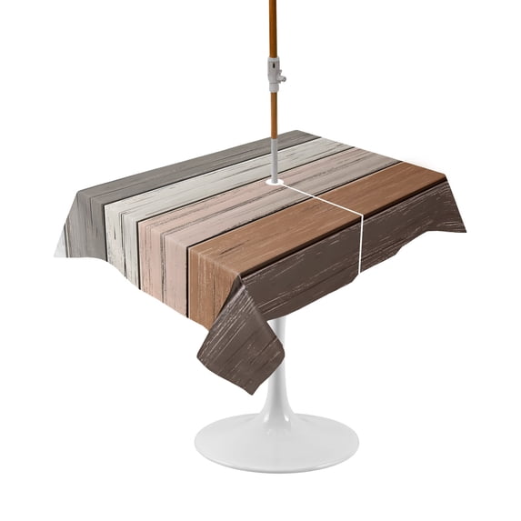 Outdoor Table Cloth with Umbrella Hole and Zipper, Farmhouse Brown Grey Waterproof Rectangle Tablecloth 60"x102", Country Vintage Wooden Washable Table Cover for Outside Party Patio Picnic