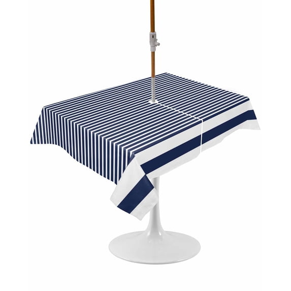 Outdoor Table Cloth with Umbrella Hole and Zipper, Farmhouse Navy Blue White Striped Waterproof Rectangle Tablecloth 52"x70", Modern Stripes Washable Table Cover for Outside Party Patio Picnic