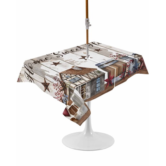 Outdoor Table Cloth with Umbrella Hole and Zipper, Farmhouse Waterproof Rectangle Tablecloth 60"x102", Retro Country Star Berry Vintage Wood Grain Washable Table Cover for Outside Party Patio Picnic