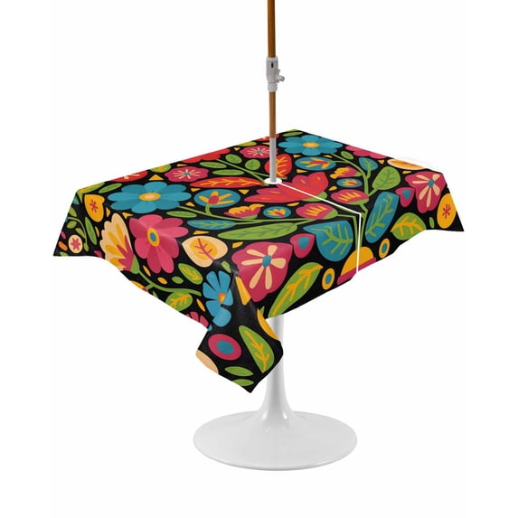 Outdoor Table Cloth with Umbrella Hole and Zipper, Flower Waterproof Rectangle Tablecloth 60"x84", Red Blue Yellow Colorful Mexico Tribal Washable Table Cover for Outside Party Patio Picnic