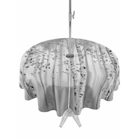 Outdoor Table Cloth with Umbrella Hole and Zipper, Gray Grey Forest Waterproof Round Tablecloth 54 Inch, Grey Modern Art Oil Painting Washable Table Cover for Outside Party Patio Picnic
