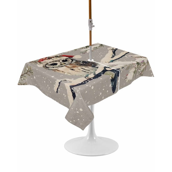 Outdoor Table Cloth with Umbrella Hole and Zipper, Gray Owl Christmas Waterproof Rectangle Tablecloth 54"x80", Xmas Snowflake Botanical Vintage Washable Table Cover for Outside Party Patio Picnic