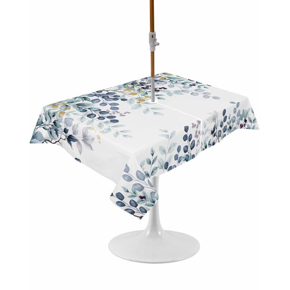 Outdoor Table Cloth with Umbrella Hole and Zipper, Green Blue Eucalyptus Leaves Waterproof Rectangle Tablecloth 54"x80", Summer Botanical Weeping Washable Table Cover for Outside Party Patio Picnic
