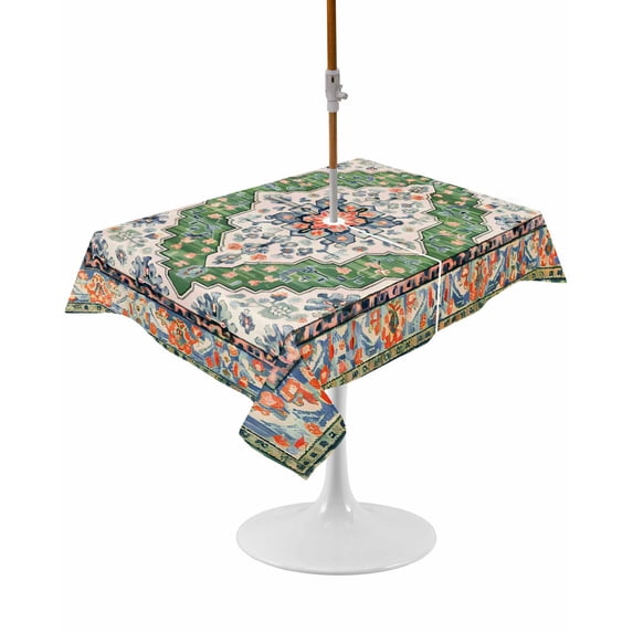 Outdoor Table Cloth with Umbrella Hole and Zipper, Green Boho Waterproof Rectangle Tablecloth 60"x102", Ethnic Geometric Middle Century Art Washable Table Cover for Outside Party Patio Picnic