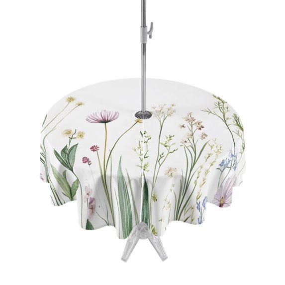 Outdoor Table Cloth with Umbrella Hole and Zipper, Green Botanical Floral Waterproof Round Tablecloth 60 Inch, Spring Summer Rustic Washable Table Cover for Outside Party Patio Picnic