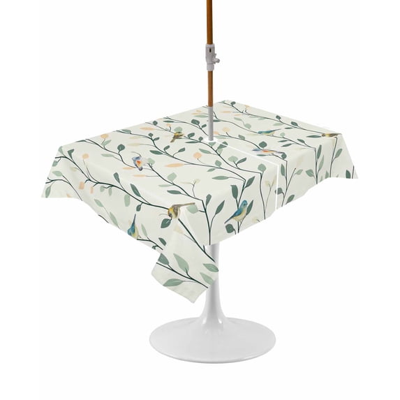 Outdoor Table Cloth with Umbrella Hole and Zipper, Green Botanical Waterproof Rectangle Tablecloth 60"x102", Spring Summer Birds Watercolor Washable Table Cover for Outside Party Patio Picnic