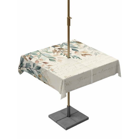 Outdoor Table Cloth with Umbrella Hole and Zipper, Green Brown Botanical Waterproof Square Tablecloth 54"x54", Farmhouse Eucalyptus Leaves Rustic Washable Table Cover for Outside Party Patio Picnic