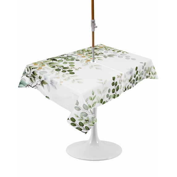 Outdoor Table Cloth with Umbrella Hole and Zipper, Green Eucalyptus Leaves Waterproof Rectangle Tablecloth 54"x80", Summer Botanical Weeping Washable Table Cover for Outside Party Patio Picnic