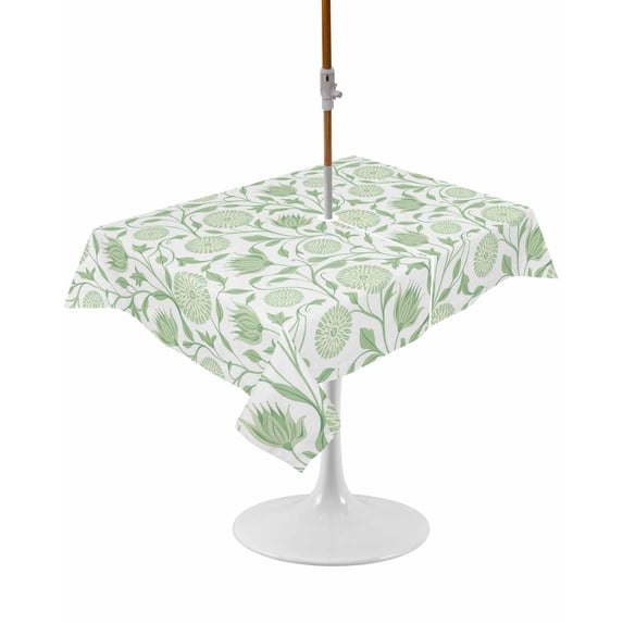 Outdoor Table Cloth with Umbrella Hole and Zipper, Green Flowers Waterproof Rectangle Tablecloth 60"x102", Pastoral Farmhouse Botanical Floral Washable Table Cover for Outside Party Patio Picnic