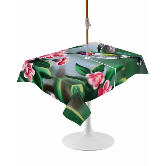 Outdoor Table Cloth with Umbrella Hole and Zipper, Green Hummingbird Waterproof Rectangle Tablecloth 54"x80", Spring Summer Pink Flower Leaf Washable Table Cover for Outside Party Patio Picnic