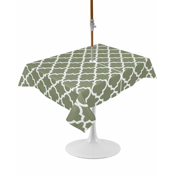 Outdoor Table Cloth with Umbrella Hole and Zipper, Green Morocco Waterproof Rectangle Tablecloth 54"x80", Boho Farmhouse Abstract Geometric Simple Washable Table Cover for Outside Party Patio Picnic