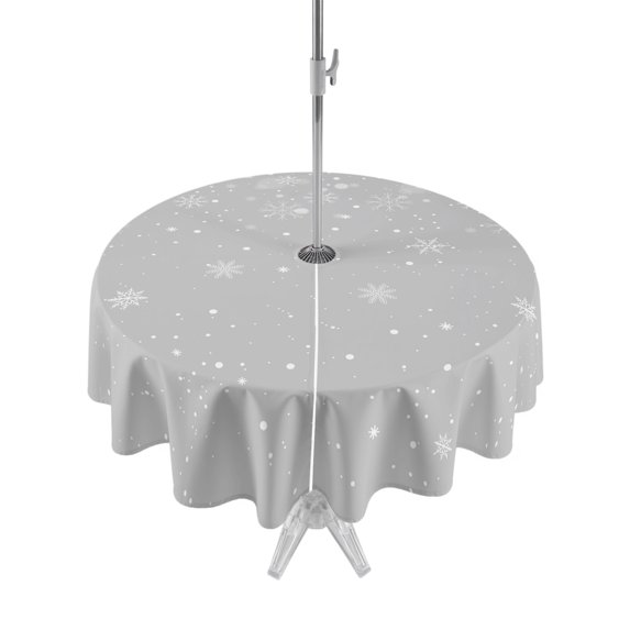 Outdoor Table Cloth with Umbrella Hole and Zipper, Grey Christmas Snowflake Waterproof Round Tablecloth 54 Inch, Winter Snowflake Xmas Washable Table Cover for Outside Party Patio Picnic