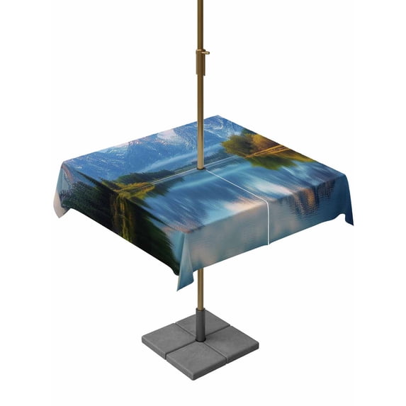 Outdoor Table Cloth with Umbrella Hole and Zipper, Grey Mountain Waterproof Square Tablecloth 54"x54", Green Forest Modern Art Farmhouse Washable Table Cover for Outside Party Patio Picnic