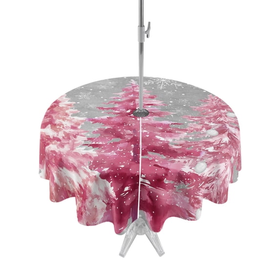 Outdoor Table Cloth with Umbrella Hole and Zipper, Grey Pink Christmas Waterproof Round Tablecloth 54 Inch, Xmas Tree Snowflake Winter Washable Table Cover for Outside Party Patio Picnic