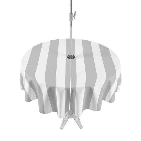 Outdoor Table Cloth with Umbrella Hole and Zipper, Grey Striped Waterproof Round Tablecloth 54 Inch, Modern Farmhouse Gray White Stripes Washable Table Cover for Outside Party Patio Picnic