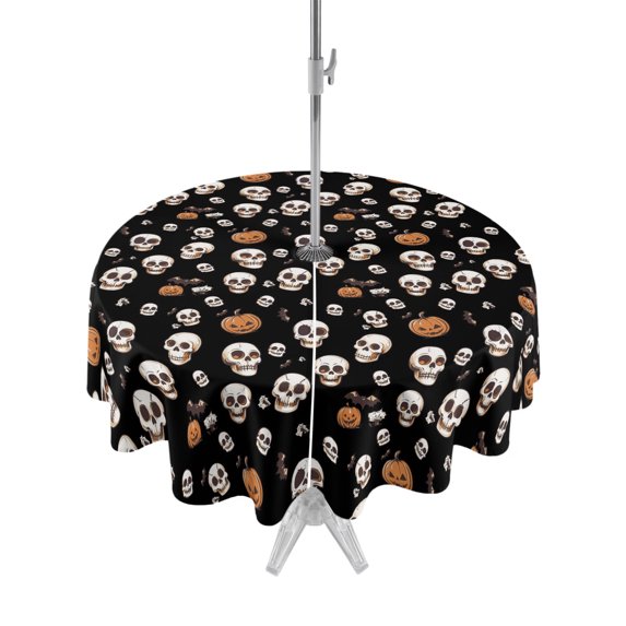 Outdoor Table Cloth with Umbrella Hole and Zipper, Halloween Horror Skull Waterproof Round Tablecloth 54 Inch, Pumpkins Bats Black Abstract Washable Table Cover for Outside Party Patio Picnic