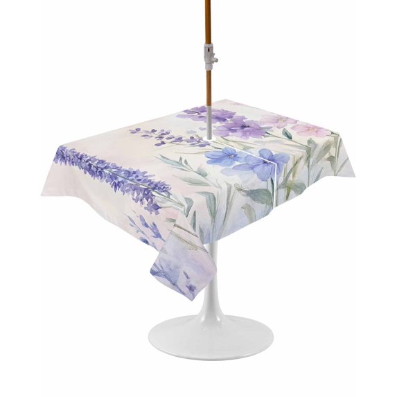 Outdoor Table Cloth with Umbrella Hole and Zipper, Lavender Spring Waterproof Rectangle Tablecloth 60"x102", Farmhouse Pastoral Pastel Flowers Washable Table Cover for Outside Party Patio Picnic