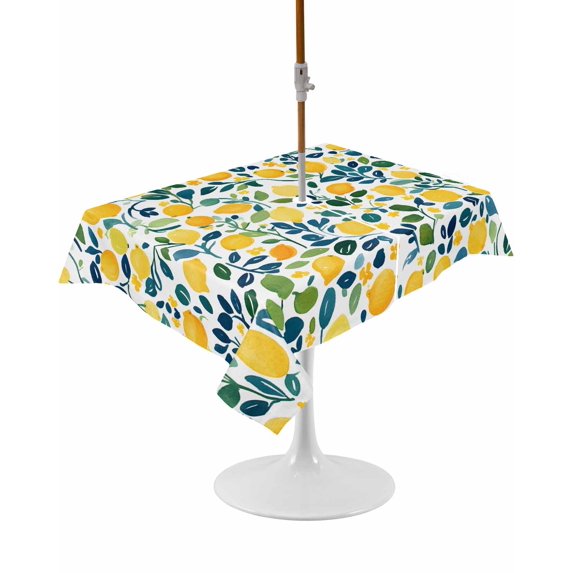 Outdoor Table Cloth with Umbrella Hole and Zipper,Lemon Waterproof Rectangle Tablecloth 60"x102",Orange Yellow Fruit Botanical Green Leaves Summer Washable Table Cover for Outside Party Patio Picnic
