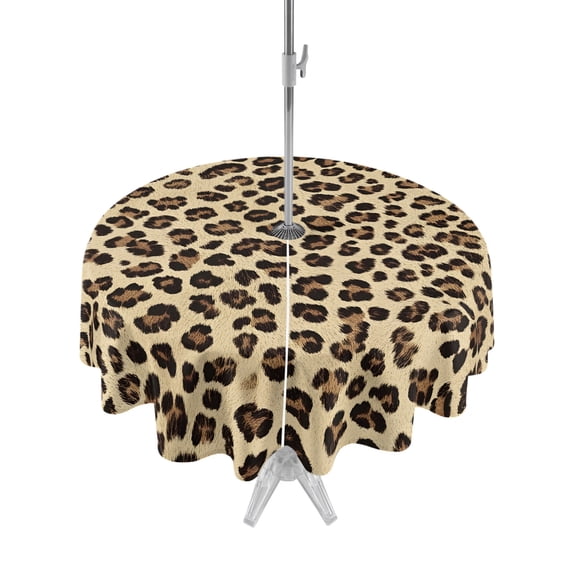 Outdoor Table Cloth with Umbrella Hole and Zipper, Leopard Waterproof Round Tablecloth 54 Inch, Brown Black Beige Modern Abstract Impressionist Washable Table Cover for Outside Party Patio Picnic