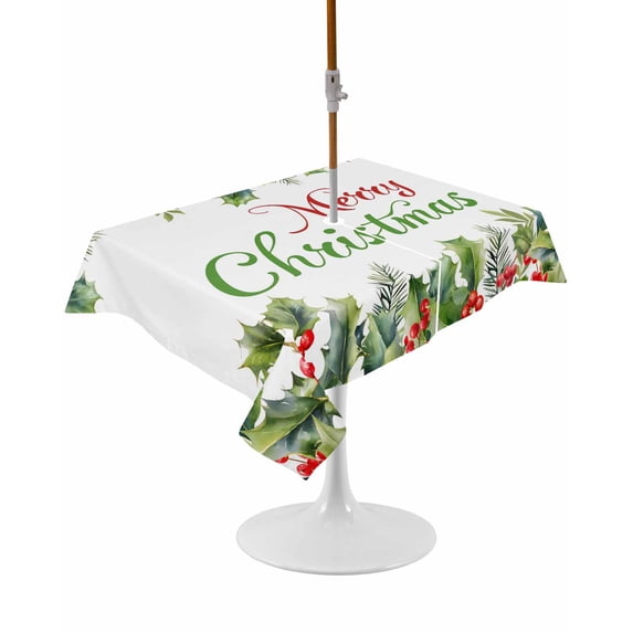 Outdoor Table Cloth with Umbrella Hole and Zipper,Merry Christmas Waterproof Rectangle Tablecloth 54"x80",Xmas Green Leaves Berries Pine Needles Holiday Table Cover for Outside Party Patio Picnic