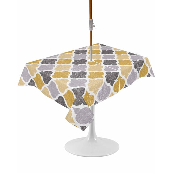 Outdoor Table Cloth with Umbrella Hole and Zipper, Moroccan Waterproof Rectangle Tablecloth 60"x102", Vintage Moroccan Texture Yellow Grey Washable Table Cover for Outside Party Patio Picnic