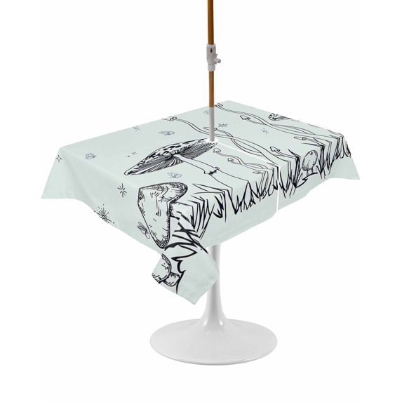 Outdoor Table Cloth with Umbrella Hole and Zipper, Mushroom Waterproof Rectangle Tablecloth 60"x102", Black Lines Botanical Butterfly Spring Floral Washable Table Cover for Outside Party Patio Picnic