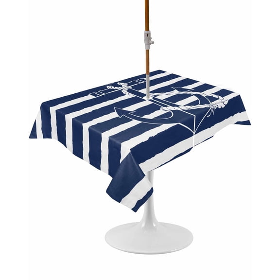 Outdoor Table Cloth with Umbrella Hole and Zipper, Navy Blue Anchor Nautical Waterproof Rectangle Tablecloth 60"x84", Navy Blue Striped Farmhouse Washable Table Cover for Outside Party Patio Picnic