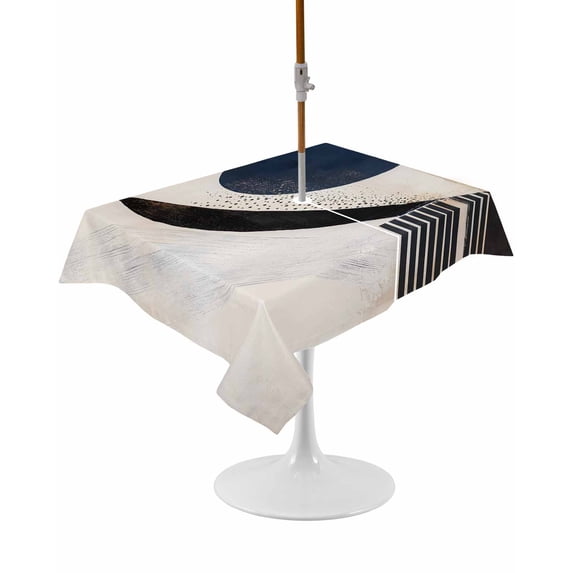 Outdoor Table Cloth with Umbrella Hole and Zipper, Navy Blue Black Abstract Art Waterproof Rectangle Tablecloth 54"x80", Modern Aesthetic Geometric Washable Table Cover for Outside Party Patio Picnic