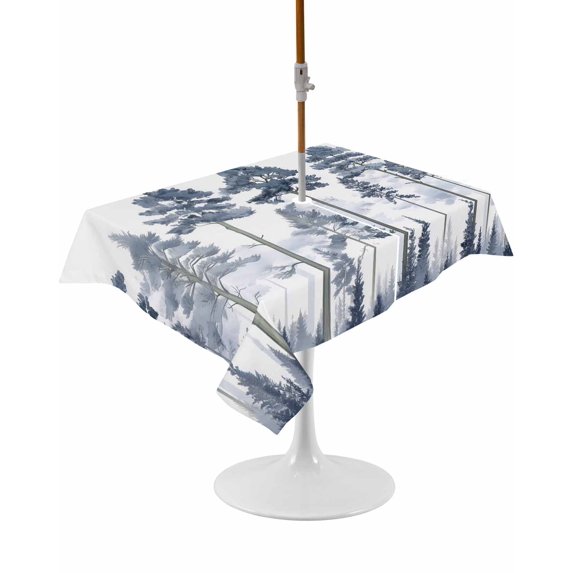 Outdoor Table Cloth with Umbrella Hole and Zipper, Navy Blue Botanical Waterproof Rectangle Tablecloth 60"x102", Watercolor Tree Washable Table Cover for Outside Party Patio Picnic