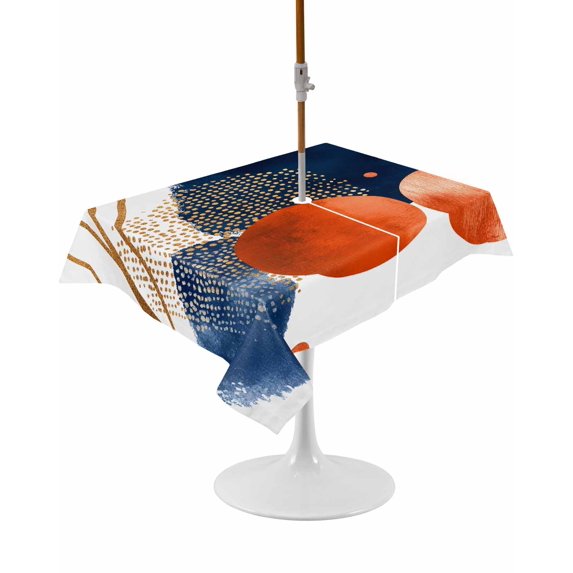 Outdoor Table Cloth with Umbrella Hole and Zipper, Navy Blue Burnt Orange Waterproof Rectangle Tablecloth 60"x102", Middle Century Modern Geometric Washable Table Cover for Outside Party Patio Picnic